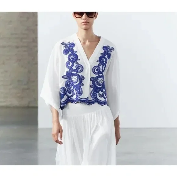 Zara - Blue Embroidered Floral White Button Down Batwing Blouse Size XS - Picture 1 of 12